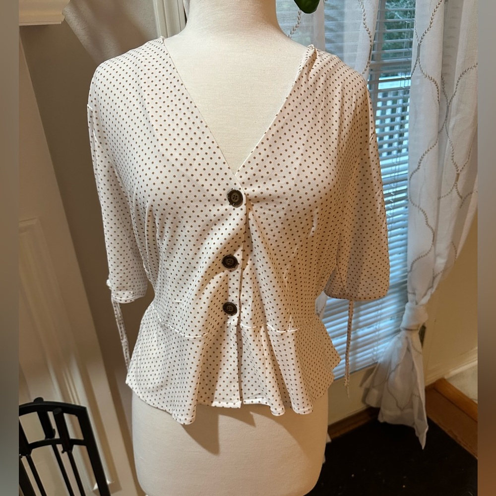 Brown and White Polka Dot Peplum Blouse with Buttons